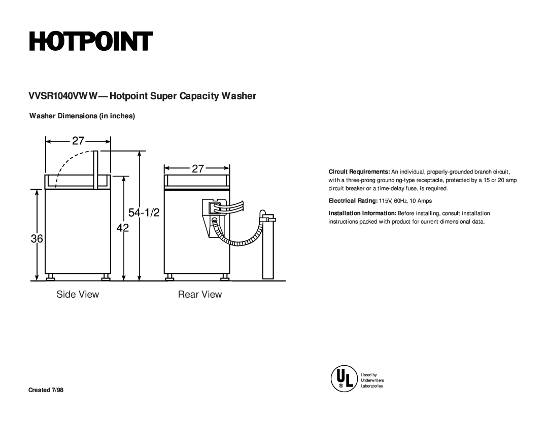 Hotpoint dimensions VVSR1040VWW-Hotpoint Super Capacity Washer, 54-1/2, RearVi ew, Front Side View, Created 7/98 