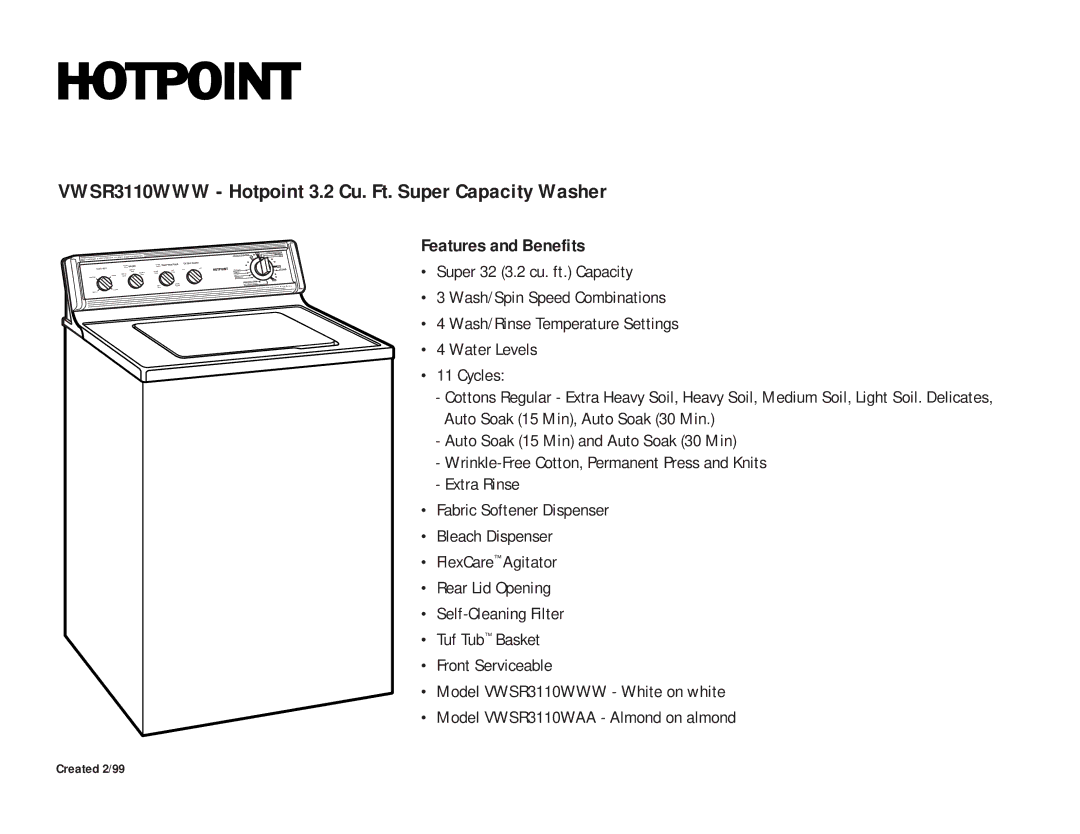 Hotpoint VWSR3110WAA dimensions VWSR3110WWW Hotpoint 3.2 Cu. Ft. Super Capacity Washer, Features and Benefits, Loadsize 