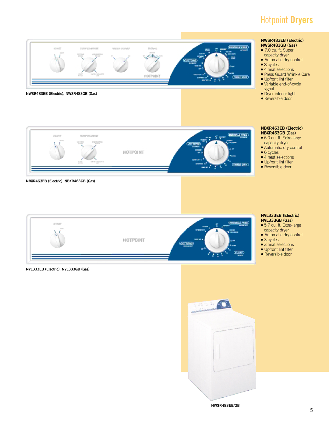 Hotpoint VWSR4150D NWSR483EB Electric, NWSR483GB Gas, NBXR463EB Electric NBXR463GB Gas, NVL333EB Electric NVL333GB Gas 