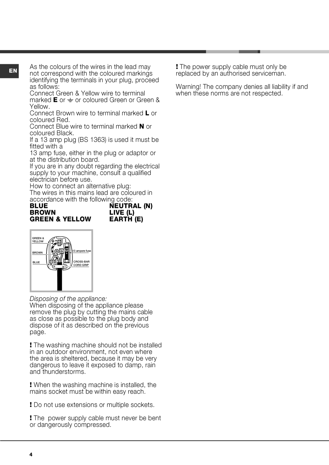 Hotpoint WASHING MACHINE AQUALTIS, AQ113DA 697 E manual Disposing of the appliance 