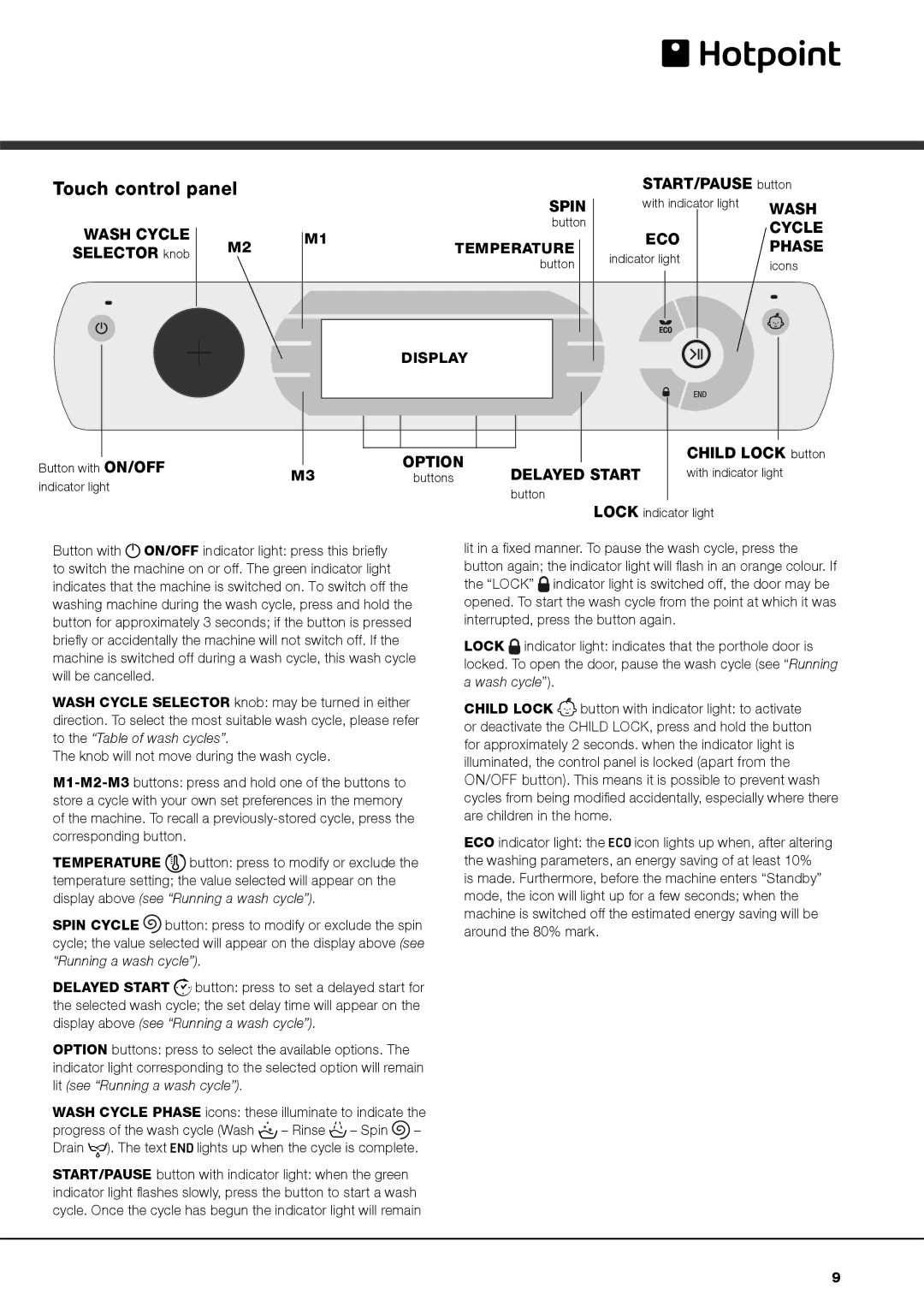 Hotpoint AQ113DA 697 E, WASHING MACHINE AQUALTIS Touch control panel, Selector knob, START/PAUSE button, Child Lock button 