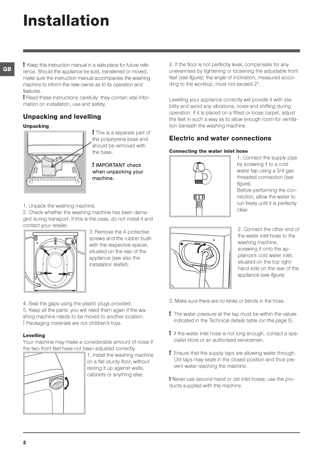 Hotpoint Washing Machine manual Installation, Unpacking and levelling, Electric and water connections 