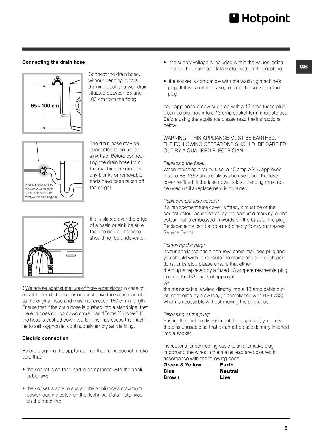 Hotpoint Washing Machine manual 65 100 cm 