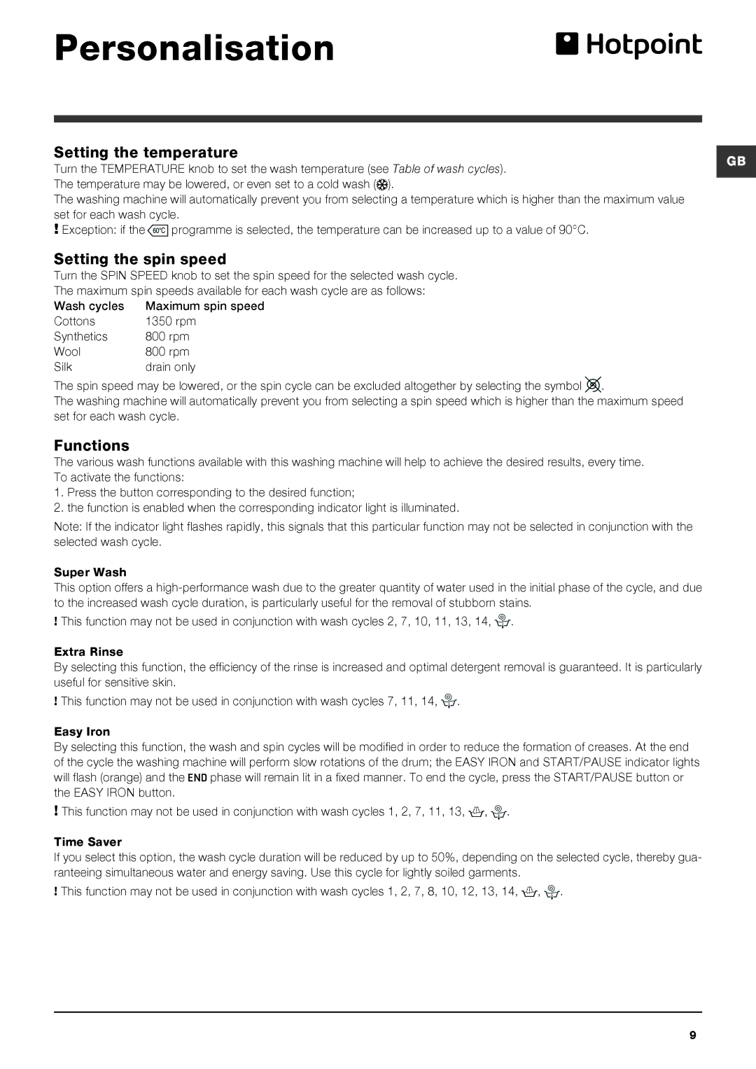 Hotpoint Washing Machine manual Personalisation, Setting the temperature, Setting the spin speed, Functions 