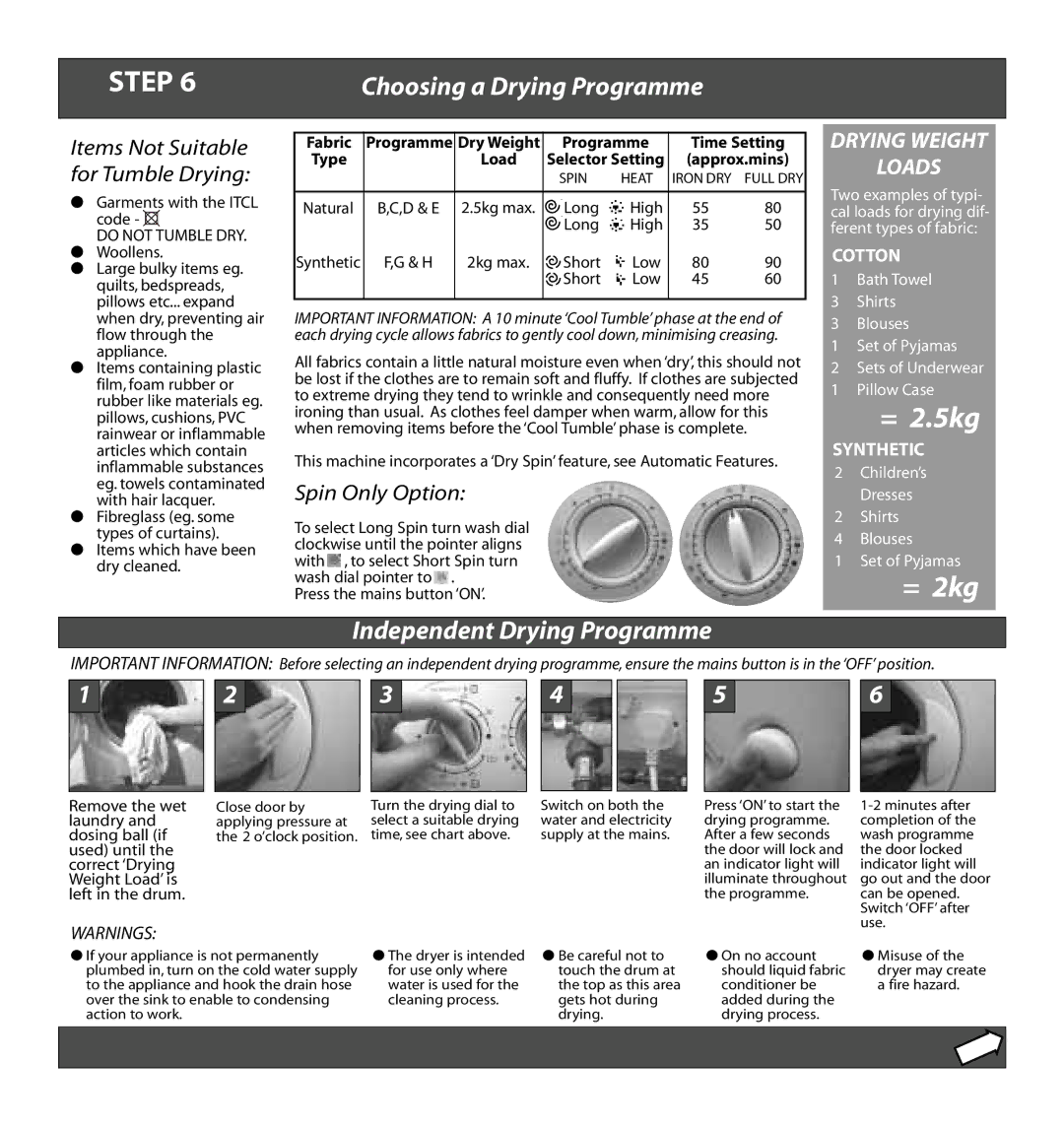 Hotpoint WD52 manual Independent Drying Programme, Items Not Suitable, For Tumble Drying, Spin Only Option 