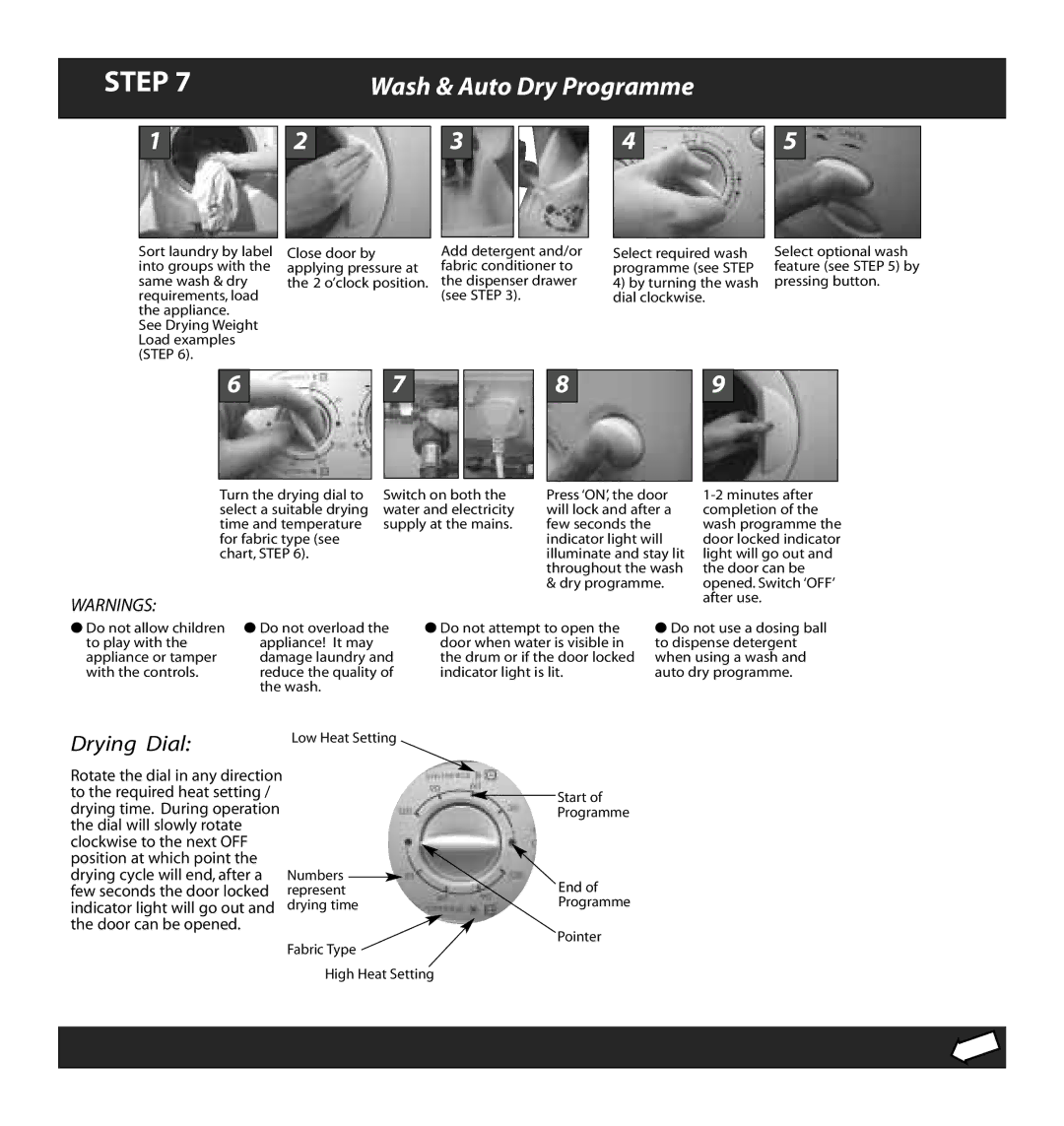 Hotpoint WD52 manual Wash & Auto Dry Programme, Drying Dial, Low Heat Setting Rotate the dial in any direction, Numbers End 