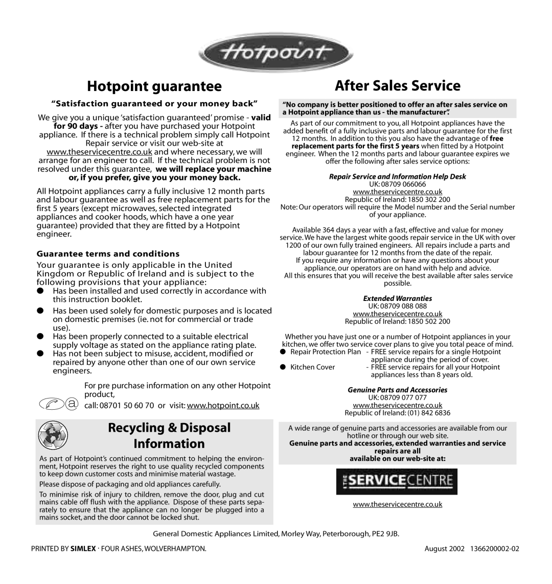 Hotpoint WD64 Repair Service and Information Help Desk, Extended Warranties, UK 08709 088 Republic of Ireland 1850 502 