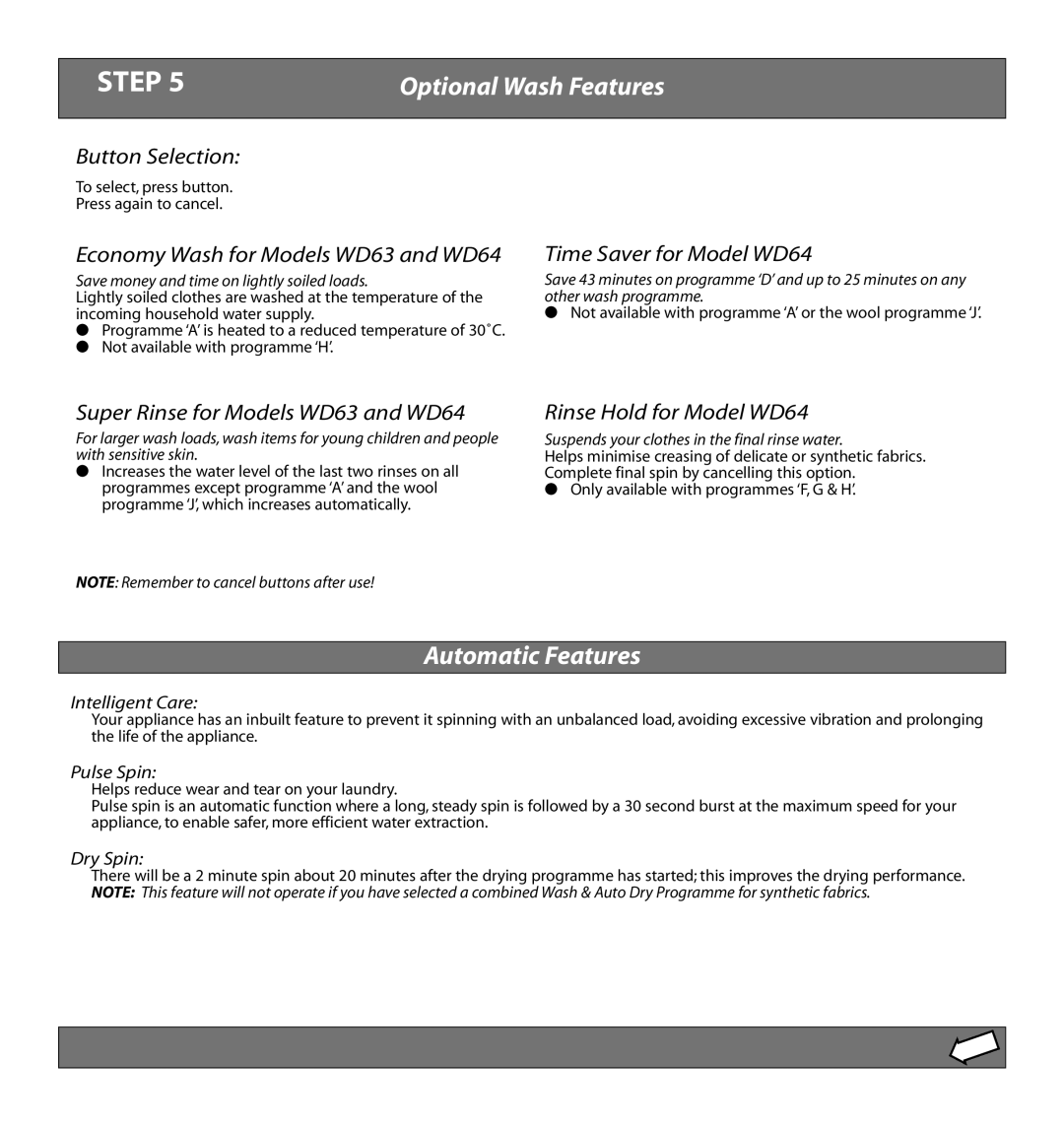 Hotpoint WD64, WD63 manual Optional Wash Features, Automatic Features 