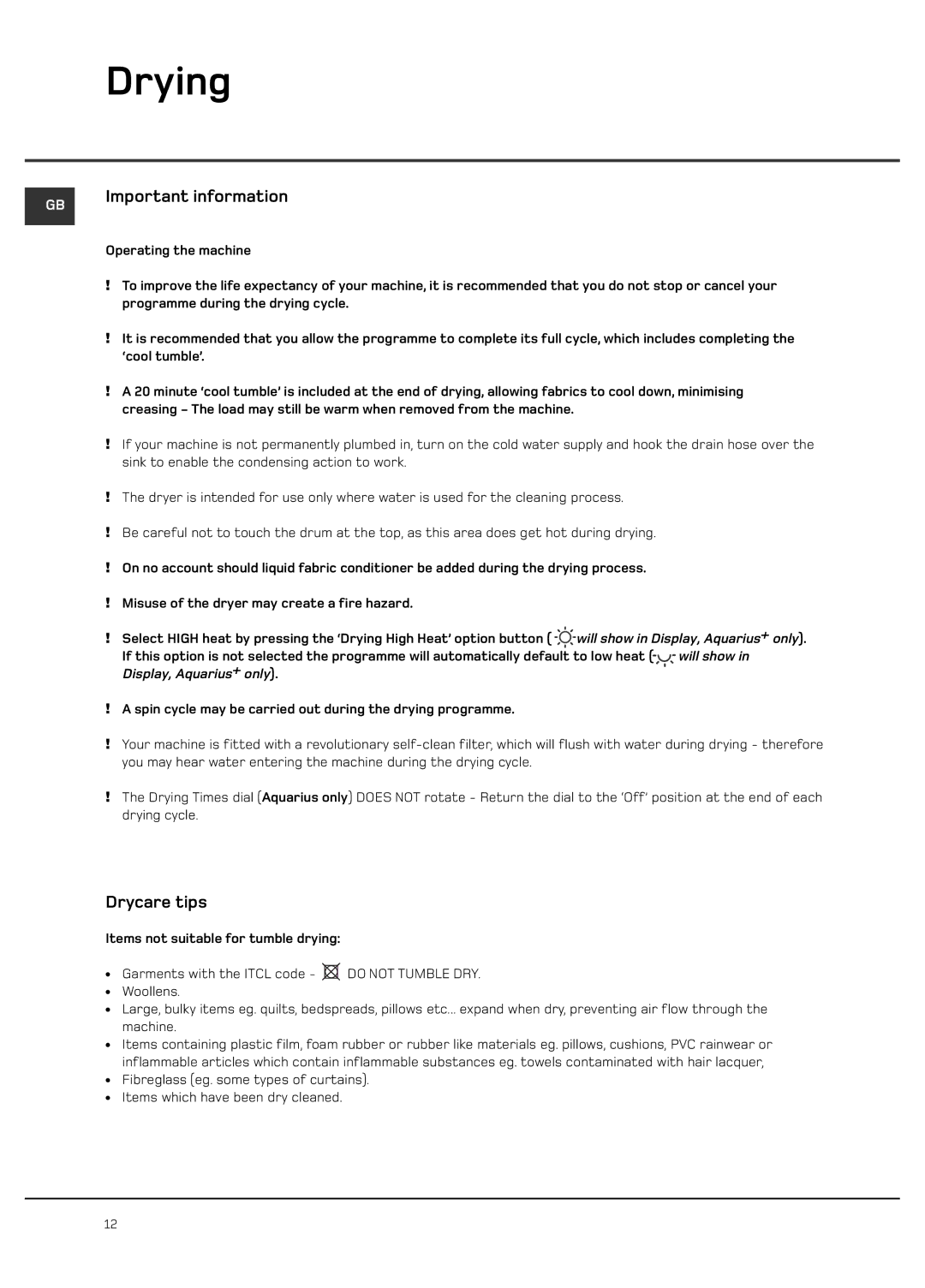 Hotpoint WD640, WD440, WD420, WD645 manual Important information, Drycare tips, Items not suitable for tumble drying 