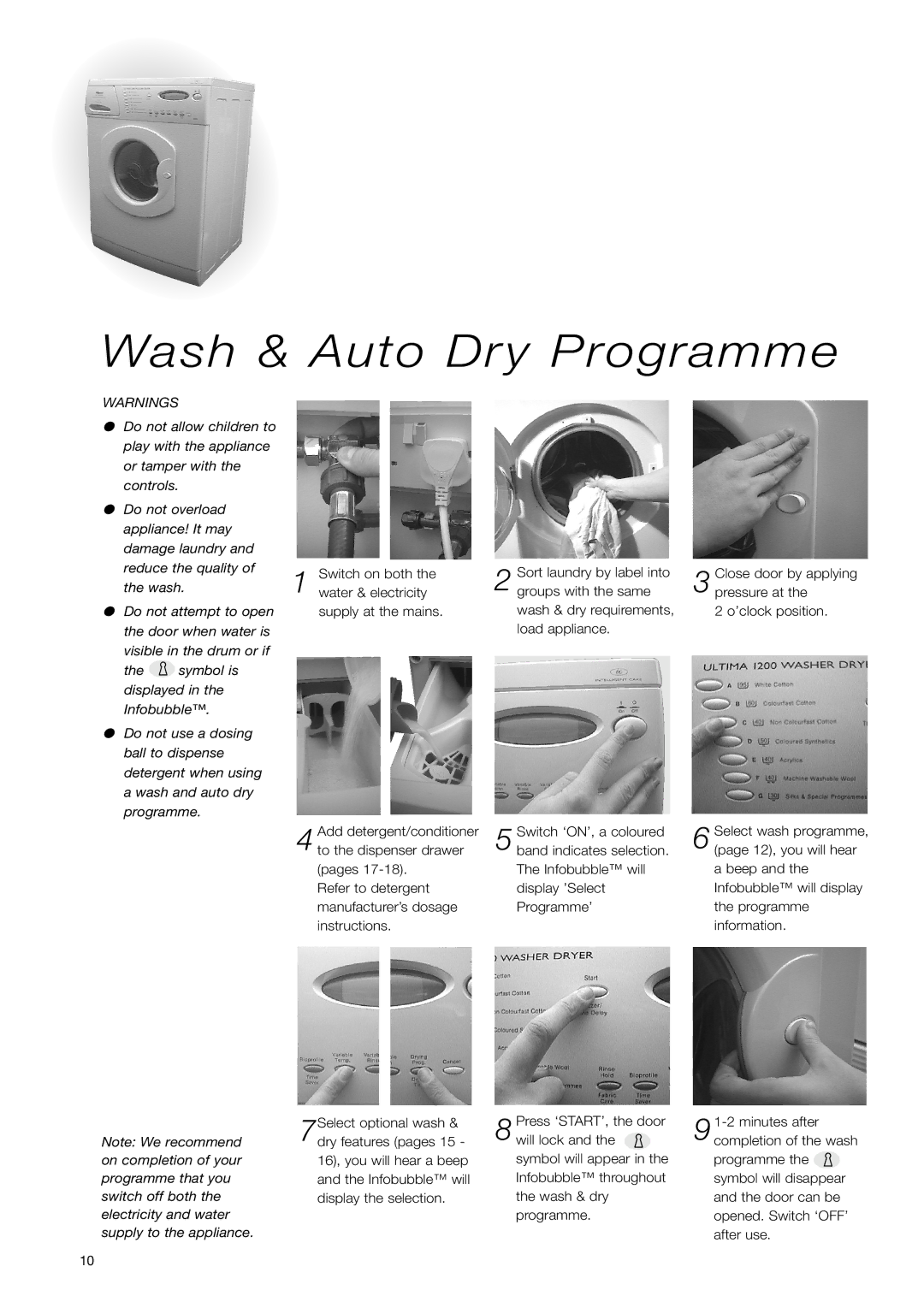 Hotpoint WD71 instruction manual Wash & Auto Dry Programme 