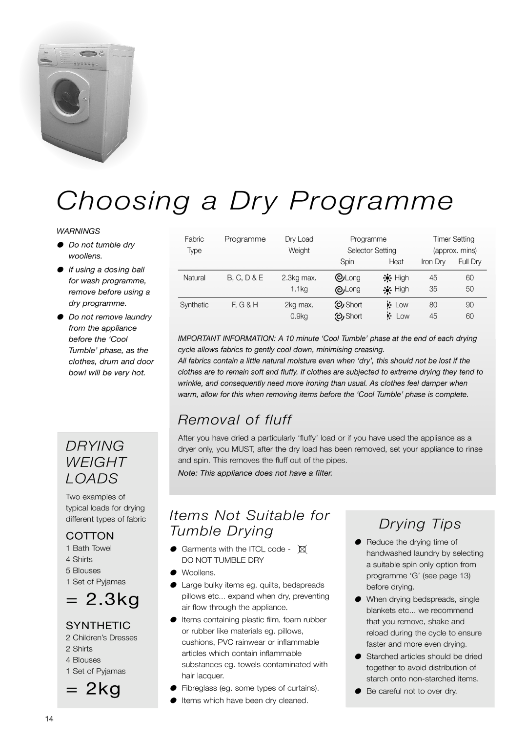 Hotpoint WD71 Choosing a Dry Programme, Removal of fluff, Items Not Suitable for Tumble Drying, Drying Tips 