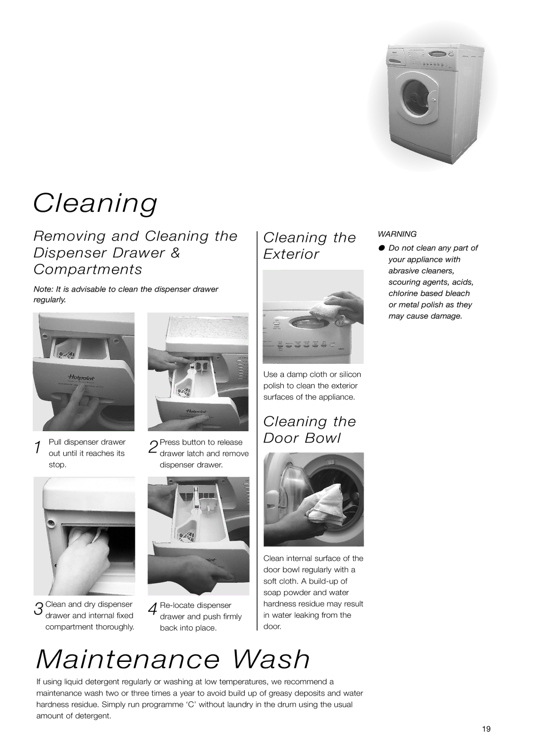 Hotpoint WD71 Maintenance Wash, Removing and Cleaning Dispenser Drawer Compartments, Cleaning the Exterior 