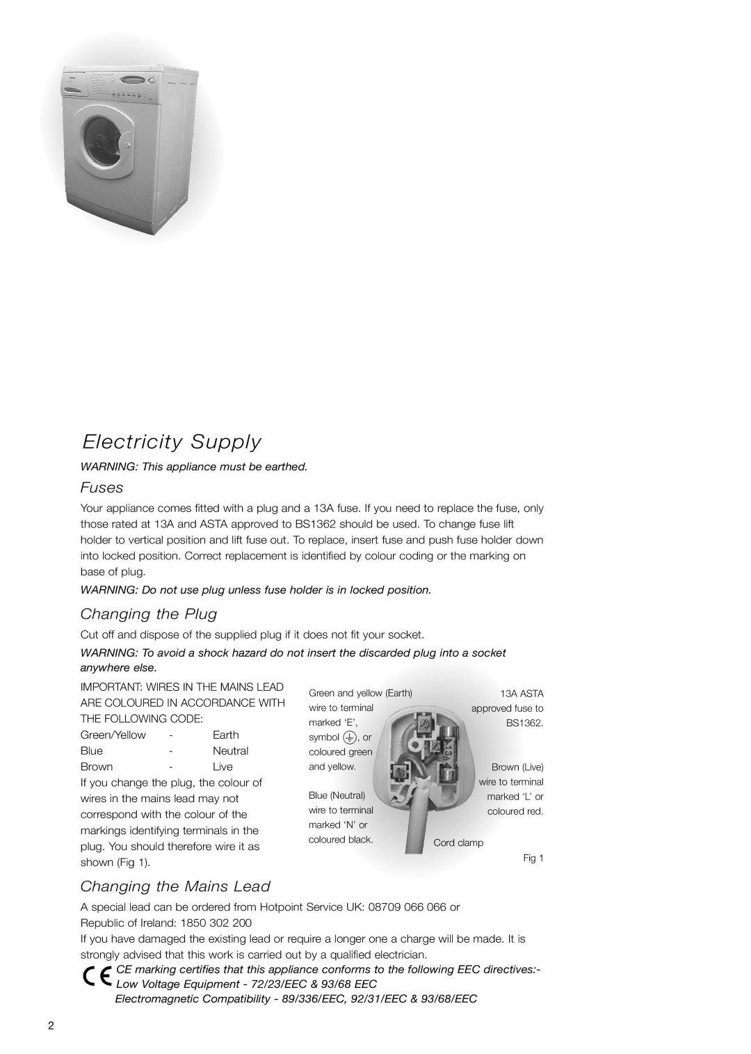 Hotpoint WD71 instruction manual Electricity Supply, Fuses, Changing the Plug, Changing the Mains Lead, Anywhere else 