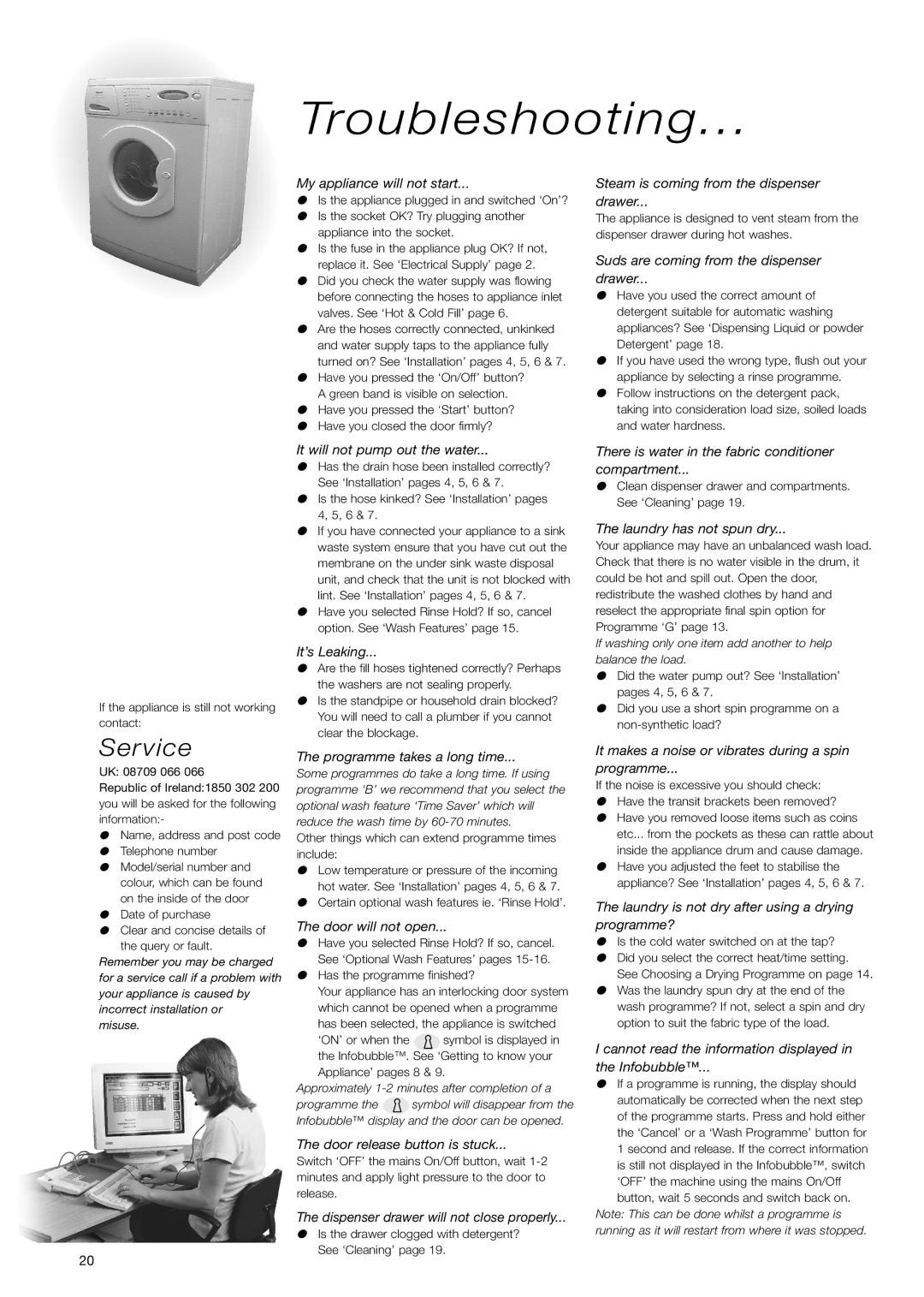 Hotpoint WD71 instruction manual Troubleshooting, Service 