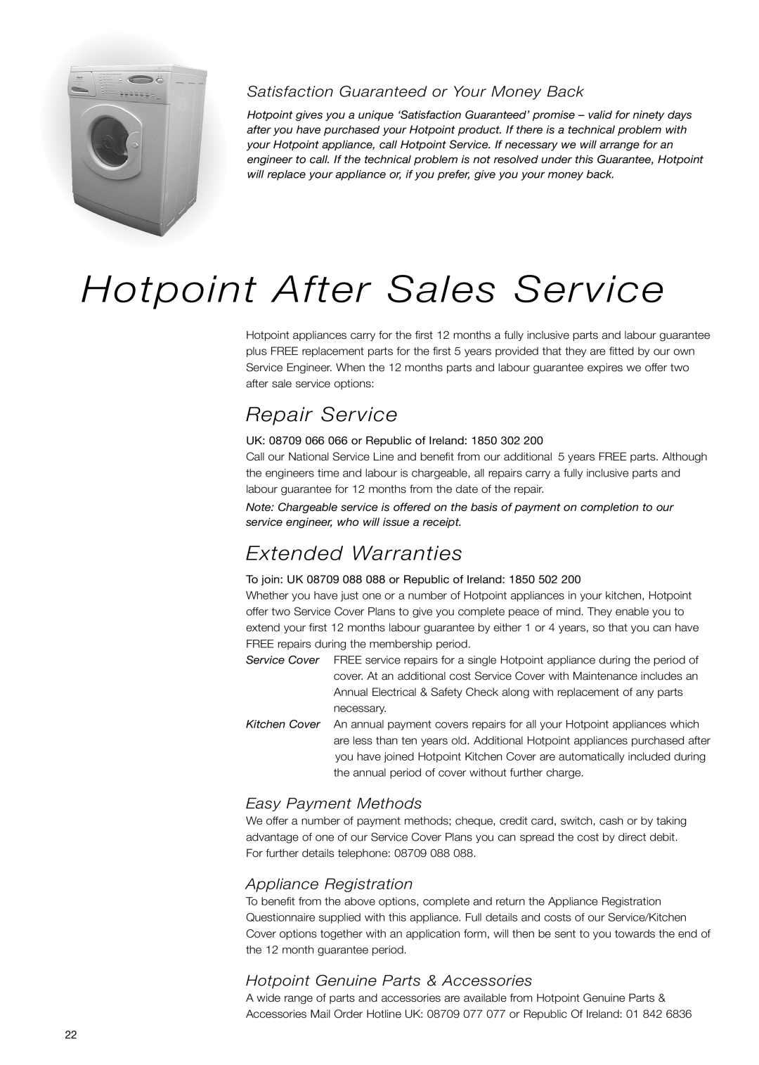 Hotpoint WD71 instruction manual Hotpoint After Sales Service, Repair Service, Extended Warranties 