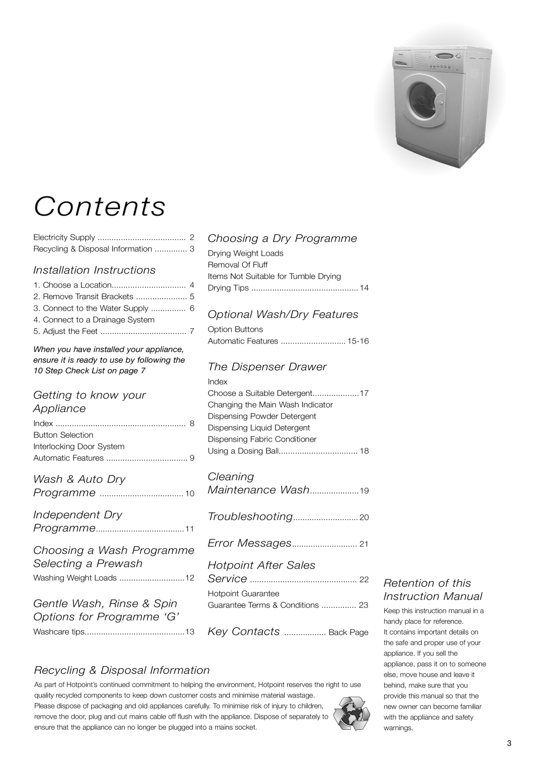 Hotpoint WD71 instruction manual Contents 