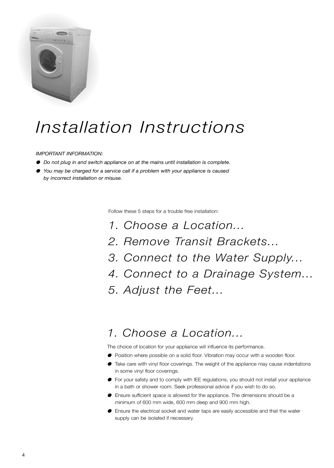 Hotpoint WD71 instruction manual Installation Instructions, Important Information 