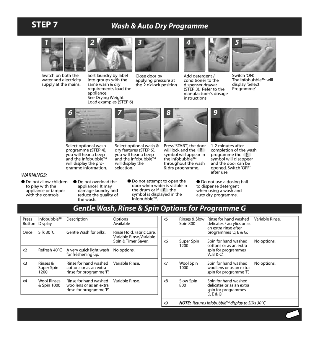 Hotpoint WD72 manual Gentle Wash, Rinse & Spin Options for Programme G 