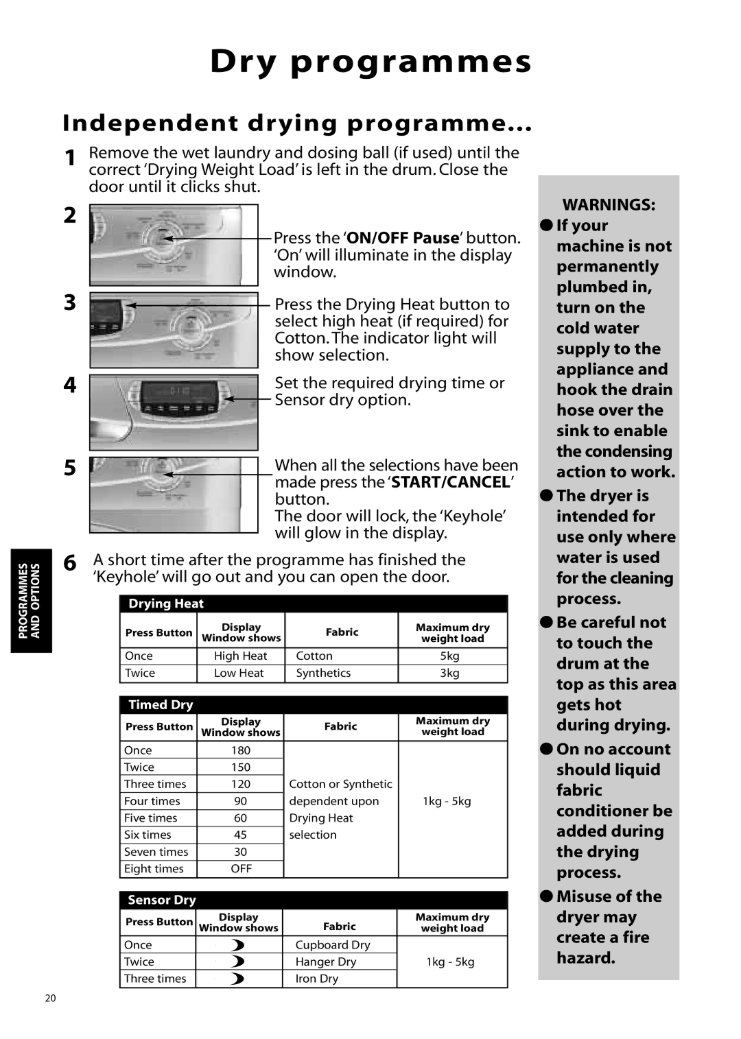 Hotpoint WD865, WD860 manual Independent drying programme, Misuse of the dryer may create a fire hazard 