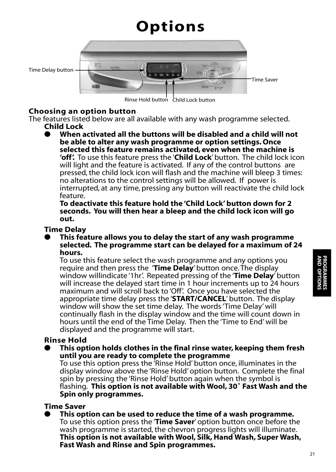 Hotpoint WD860, WD865 manual Options, Choosing an option button, Spin only programmes Time Saver 