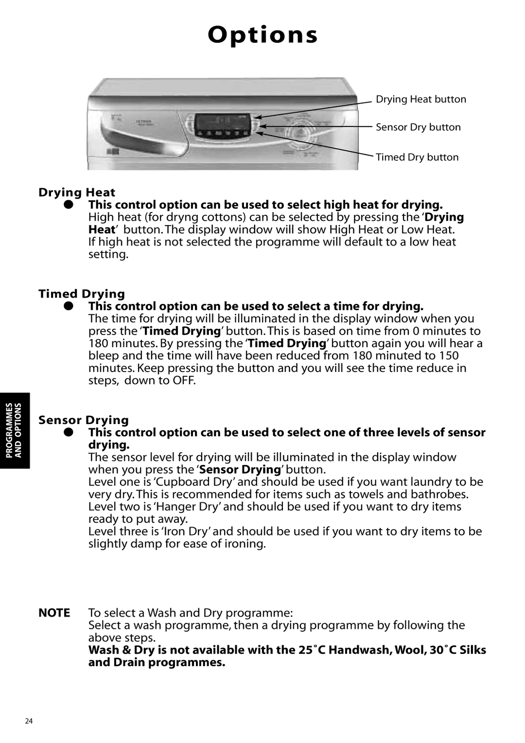 Hotpoint WD860, WD865 manual Drying Heat button Sensor Dry button Timed Dry button 