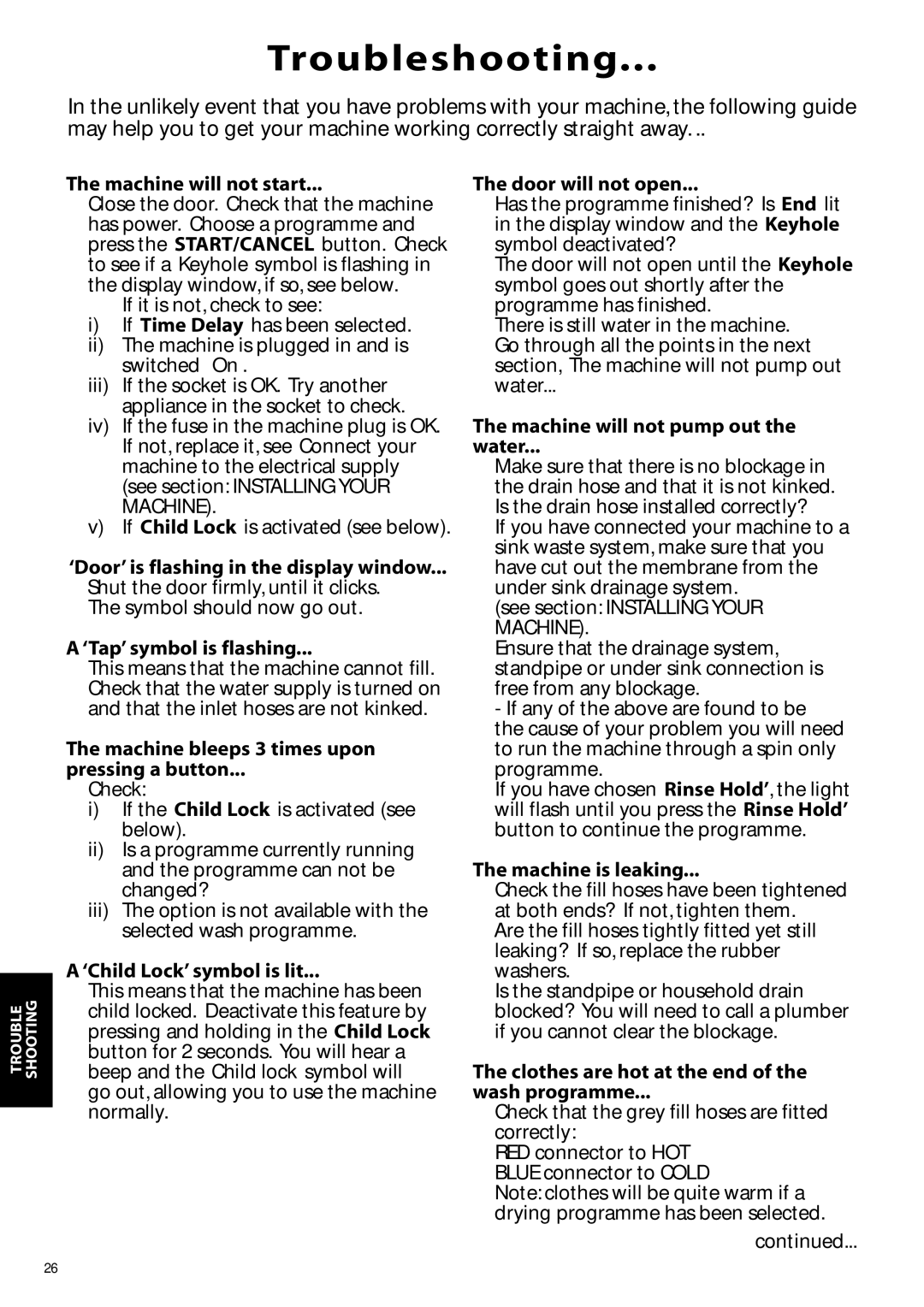 Hotpoint WD860, WD865 manual Trouble Shooting 