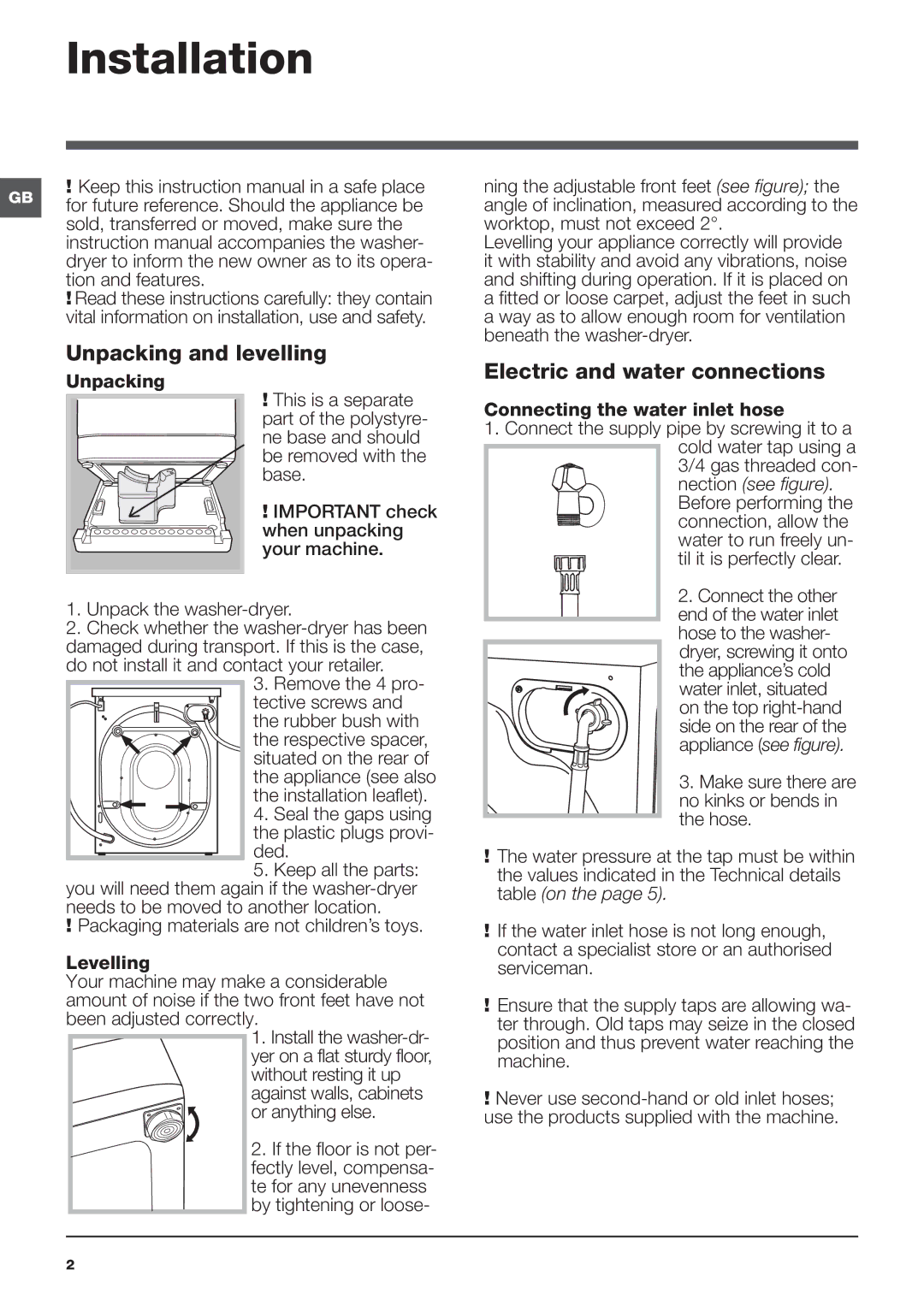 Hotpoint WDAL 9640 manual Installation, Unpacking and levelling, Electric and water connections 