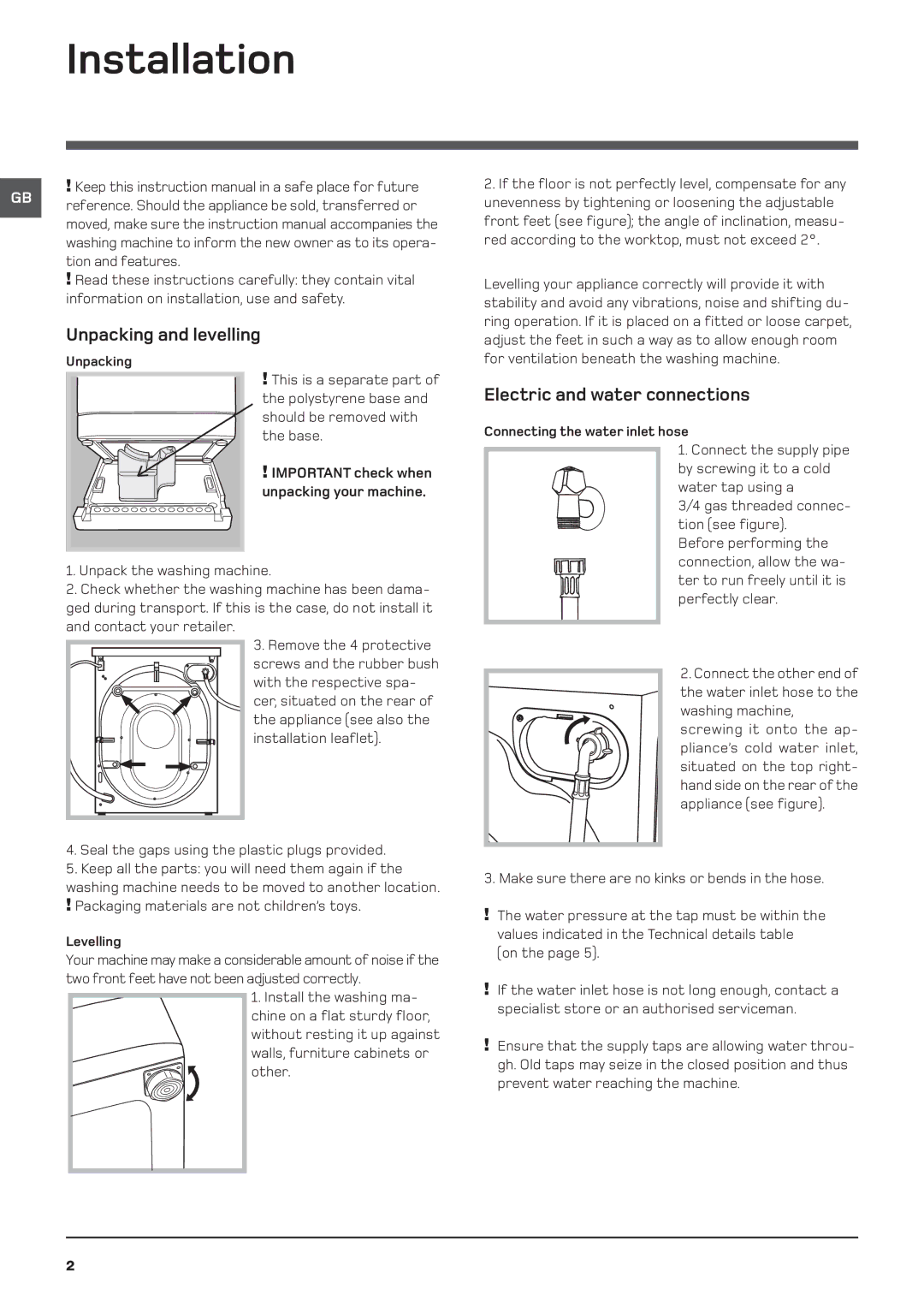 Hotpoint WDD 960 P/G/A/K instruction manual Installation, Unpacking and levelling, Electric and water connections 