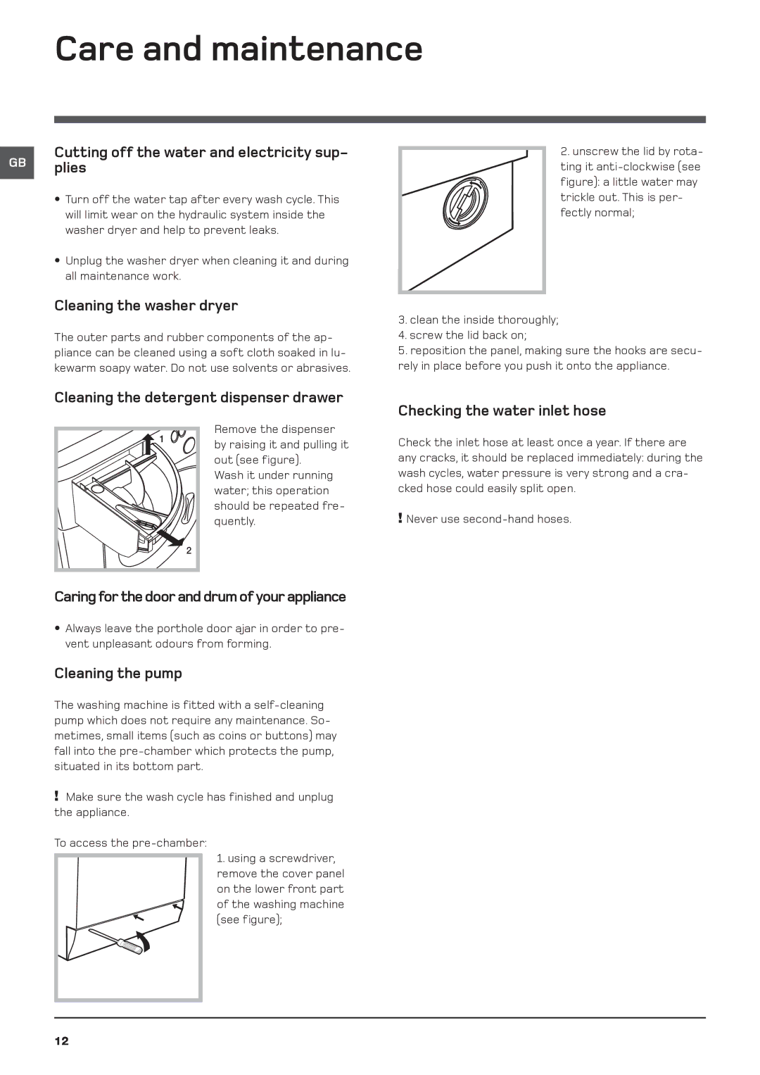 Hotpoint WDD 960 P/G/A/K Care and maintenance, Cutting off the water and electricity sup- GB plies, Cleaning the pump 