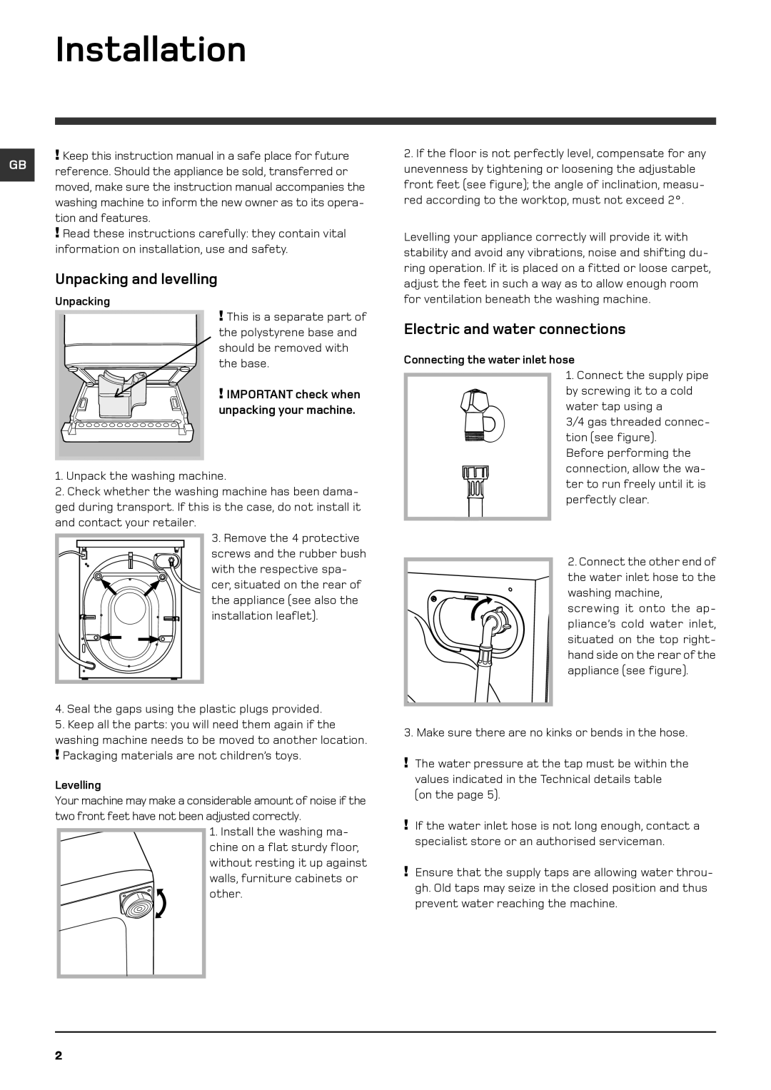 Hotpoint WDD 960 P/G/A/K instruction manual Installation, Unpacking and levelling, Electric and water connections 