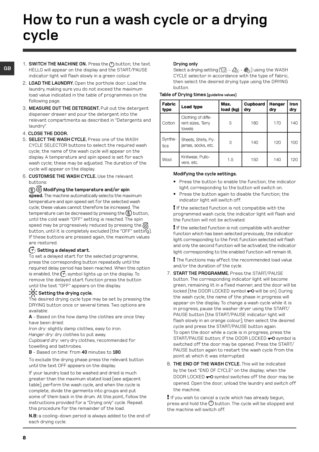 Hotpoint WDD 960 P/G/A/K instruction manual How to run a wash cycle or a drying cycle, Switch the Machine ON. Press 