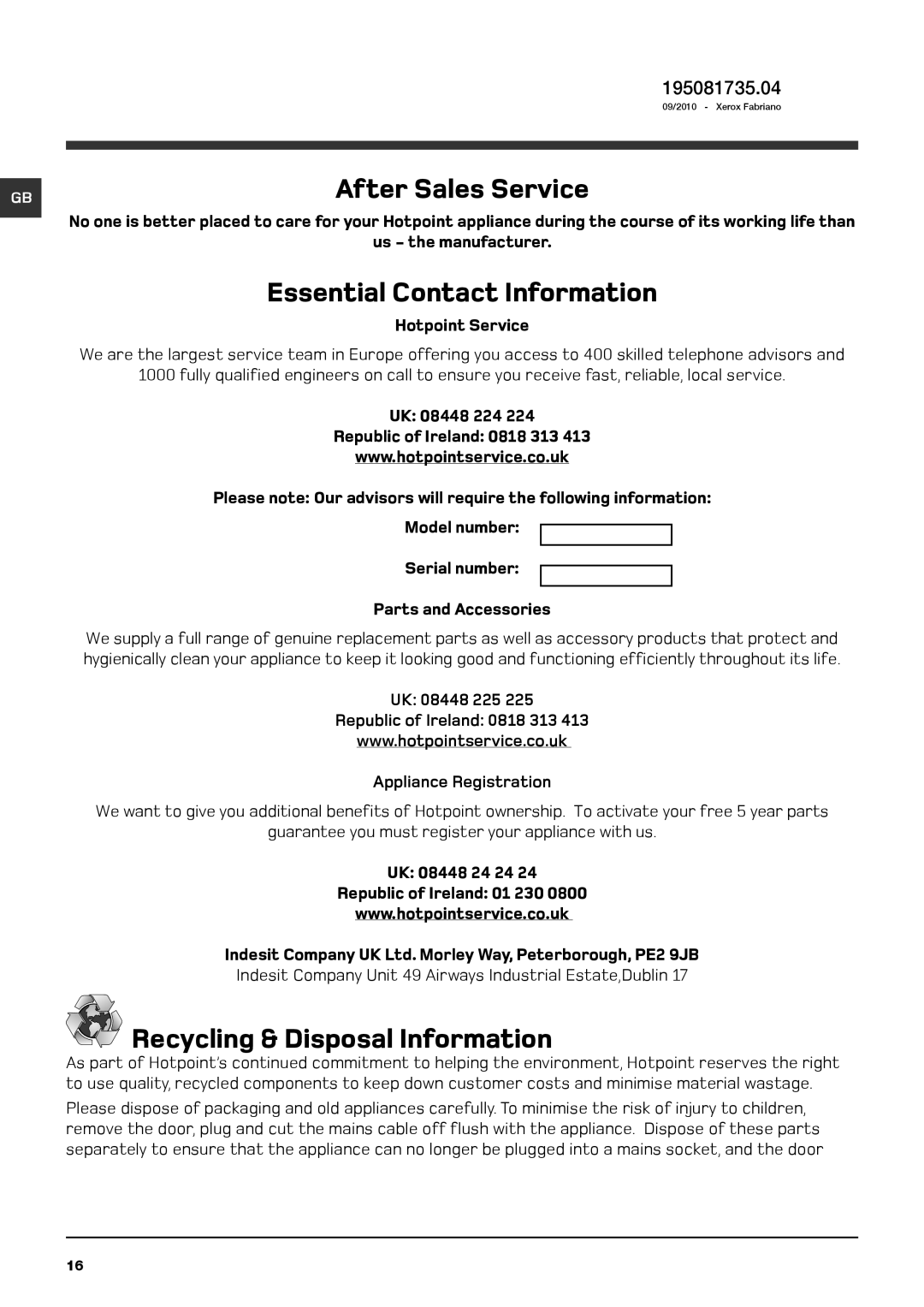 Hotpoint WDD After Sales Service, Recycling & Disposal Information, 195081735.04, Essential Contact Information 