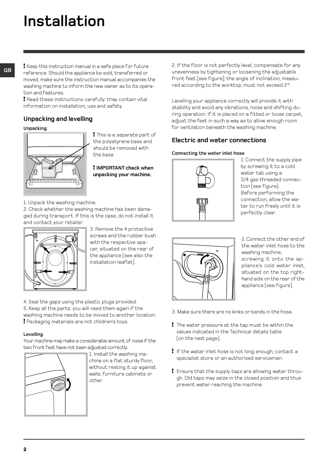 Hotpoint WDD instruction manual Installation, Unpacking and levelling, Electric and water connections 