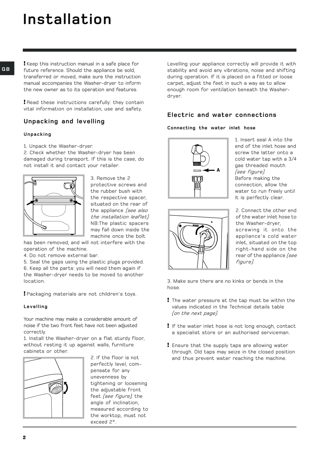Hotpoint wdd960 manual Installation, Unpacking and levelling, Electric and water connections 