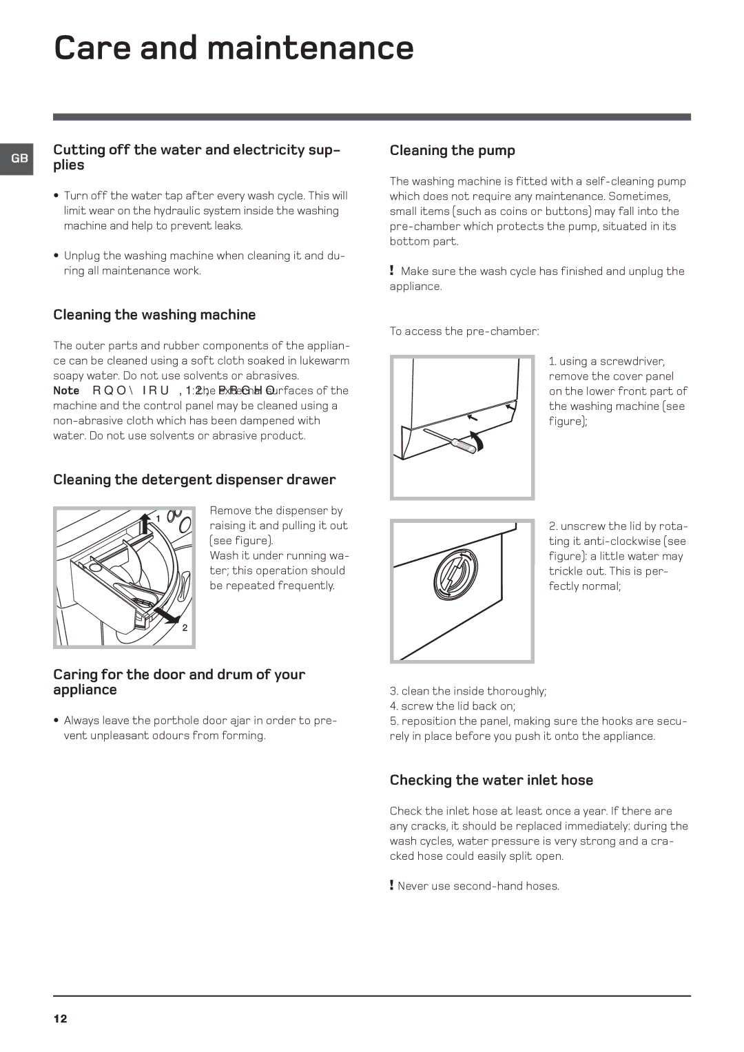 Hotpoint WDF 740 P/G/A/K/X instruction manual Care and maintenance 