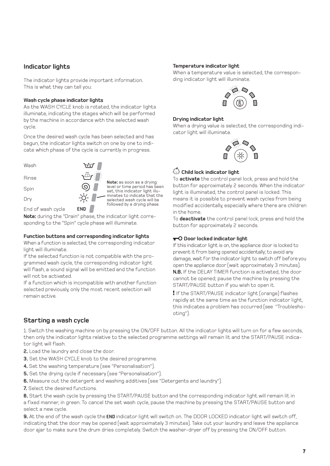 Hotpoint WDF 740 P/G/A/K/X instruction manual Indicator lights, Starting a wash cycle 