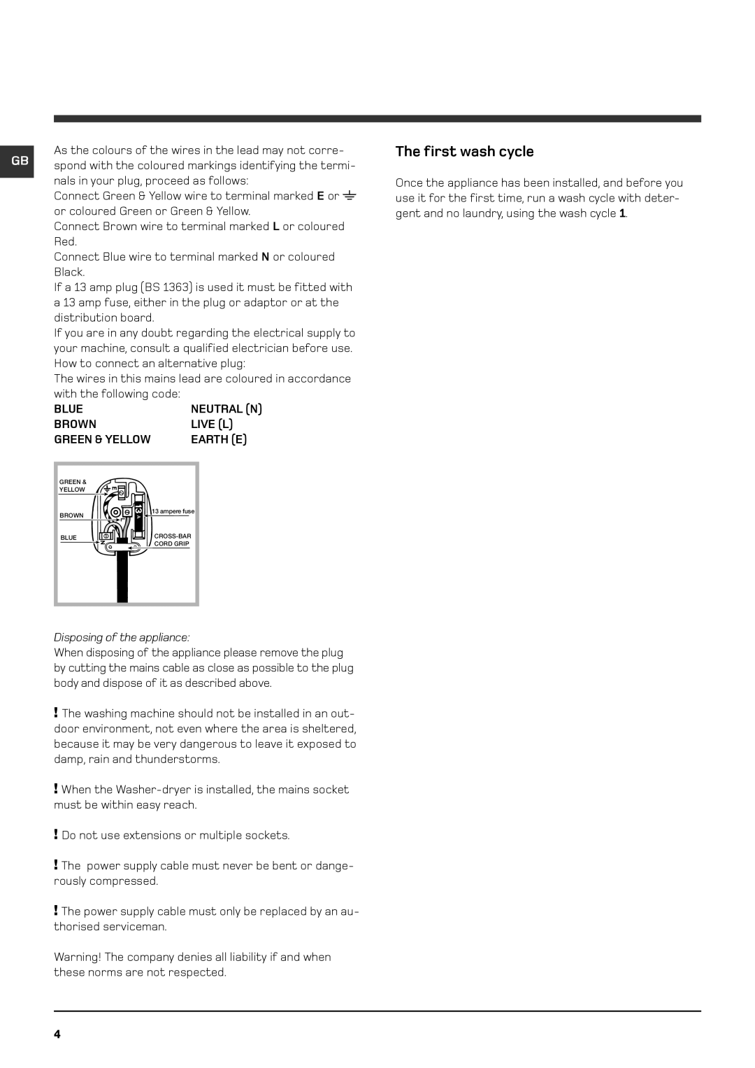 Hotpoint WDF 740 P/G/A/K/X The first wash cycle, Blue, Neutral N, Brown, Live L, Earth E, Disposing of the appliance 