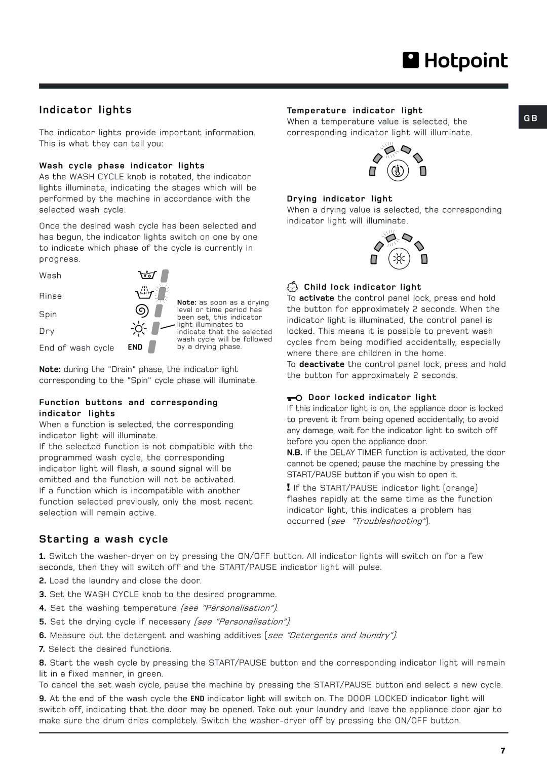 Hotpoint WDF 760 P/G/A/K manual Indicator lights, Starting a wash cycle 