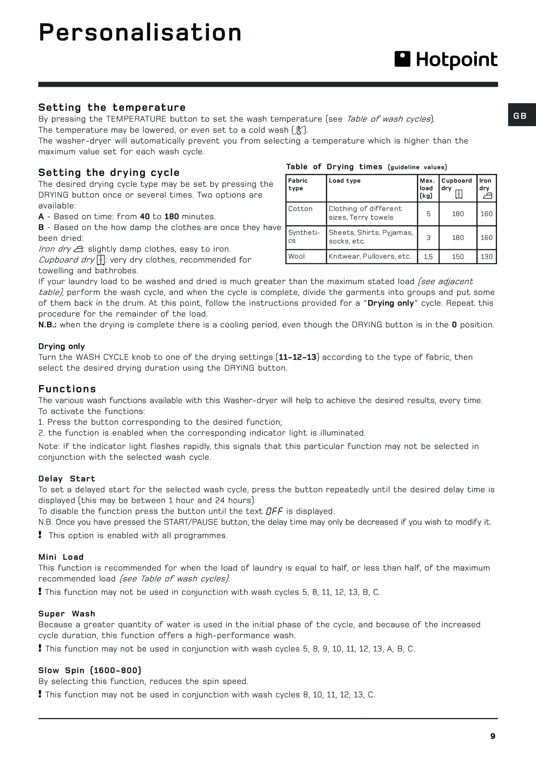 Hotpoint WDF 760 P/G/A/K manual Personalisation, Setting the temperature, Setting the drying cycle, Functions 