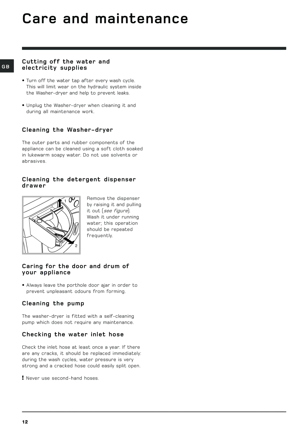 Hotpoint WDF740A manual Care and maintenance 