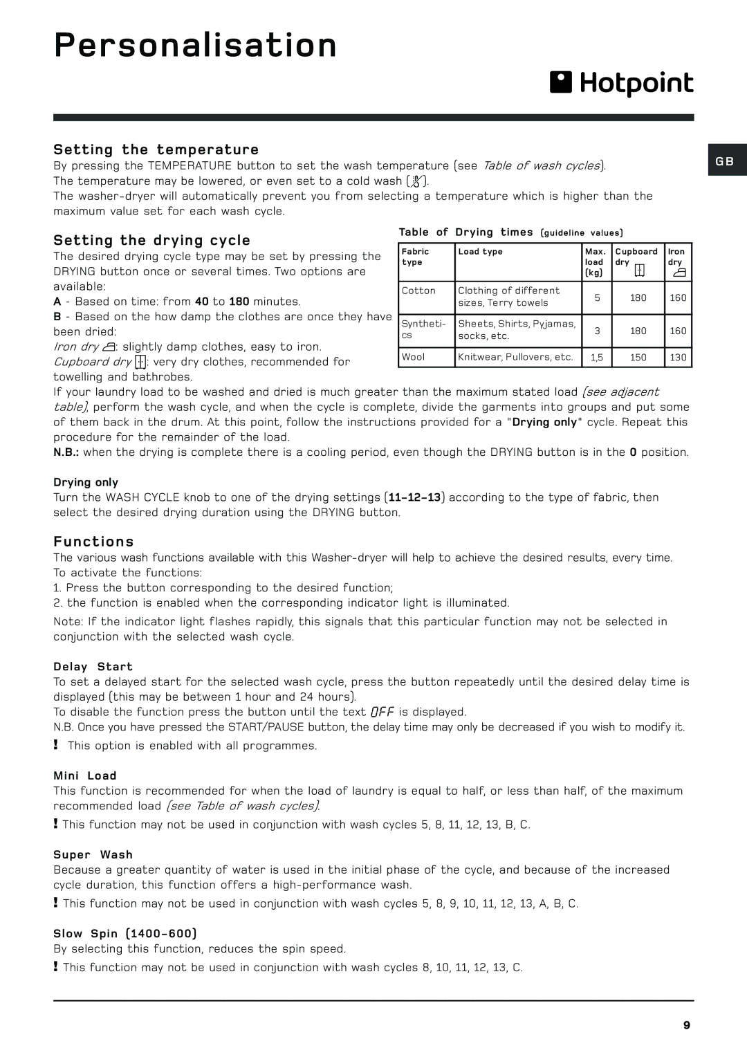 Hotpoint WDF740A manual Personalisation, Setting the temperature, Setting the drying cycle, Functions 