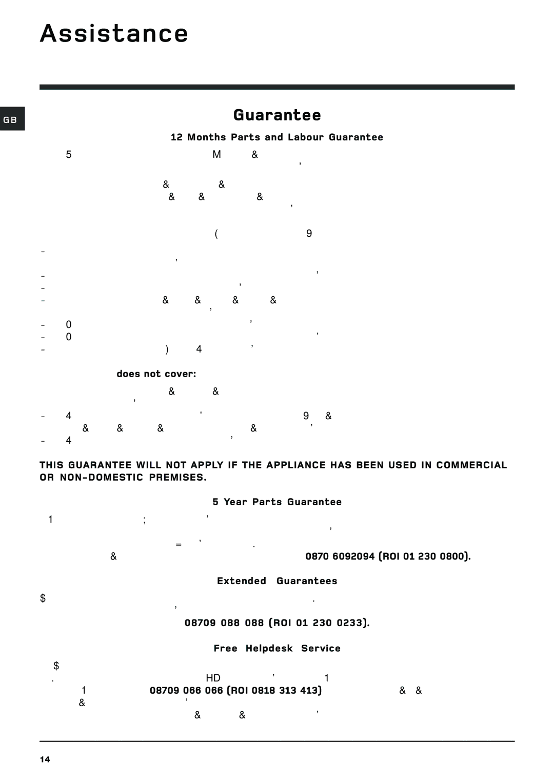 Hotpoint WDL 520 P/G/A/K manual Assistance, Guarantee 