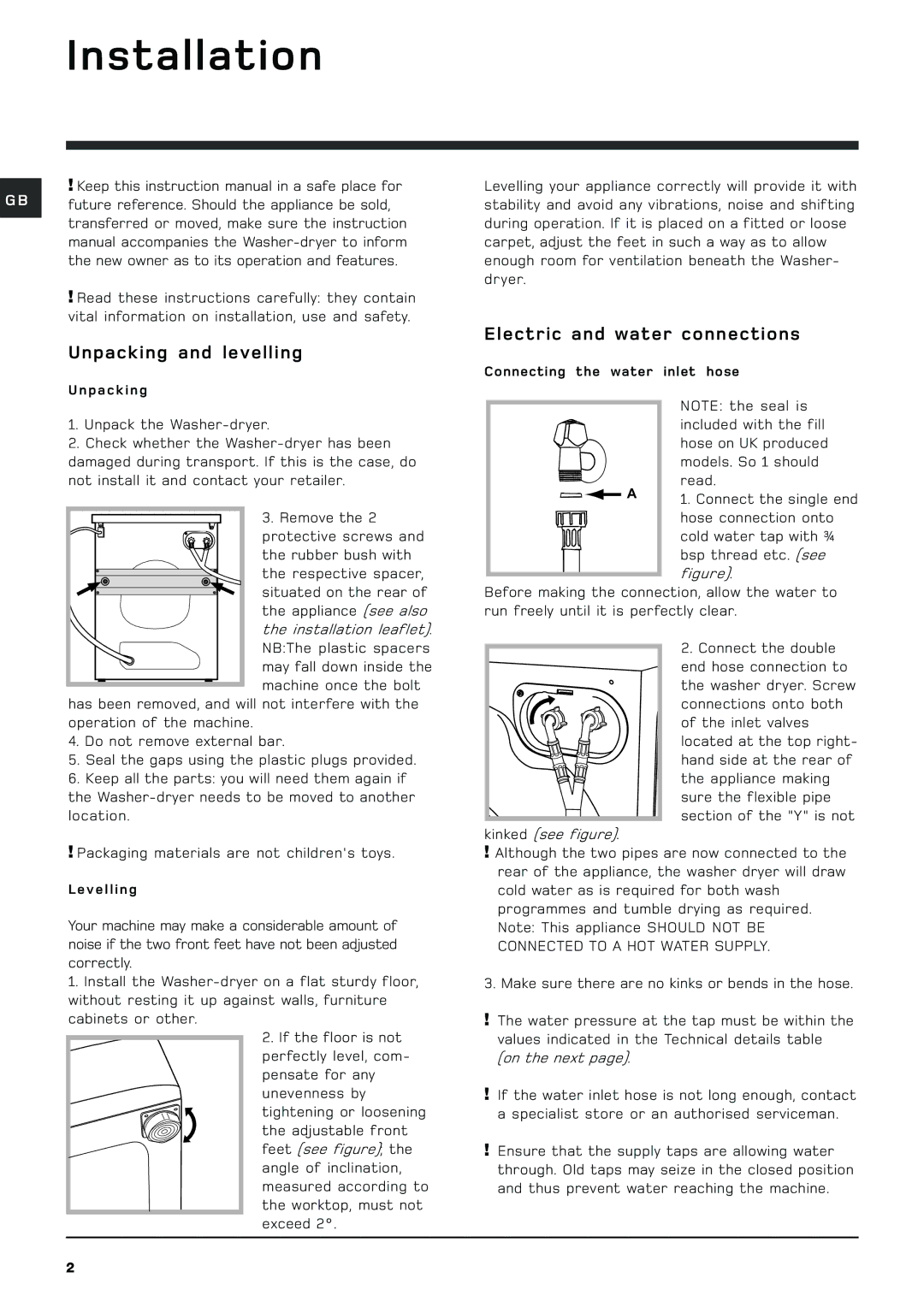 Hotpoint WDL 520 P/G/A/K manual Installation, Unpacking and levelling, Electric and water connections 