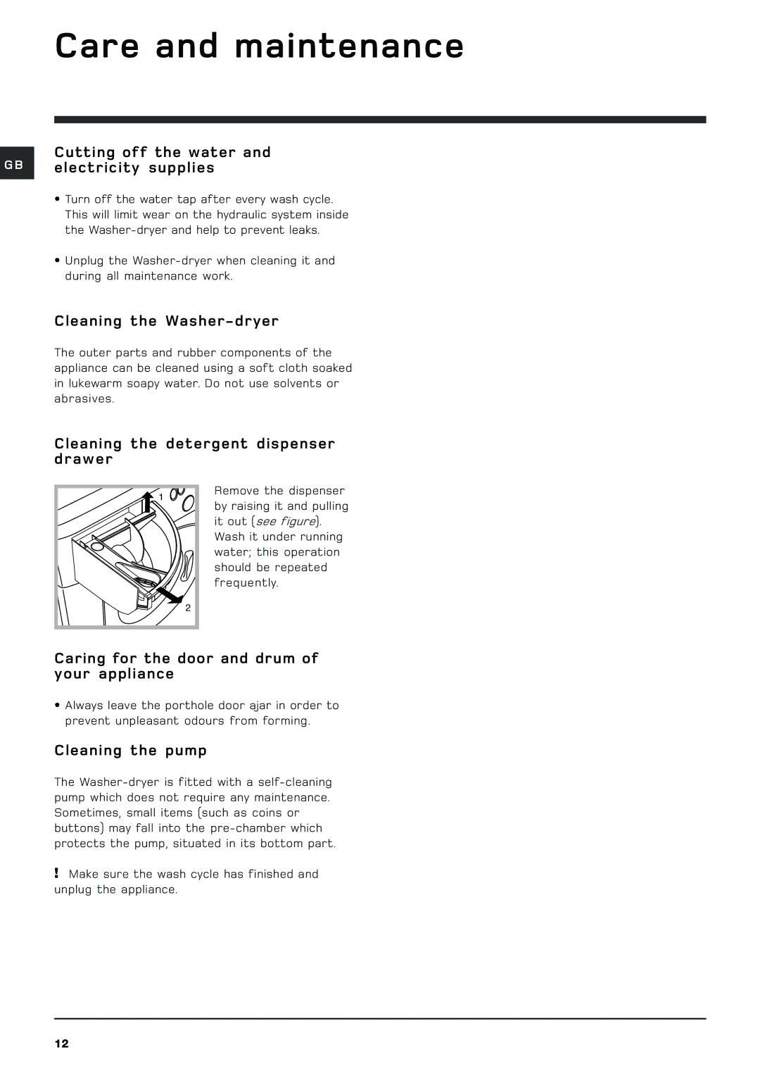 Hotpoint WDL 540 P/G/A/K manual Care and maintenance 