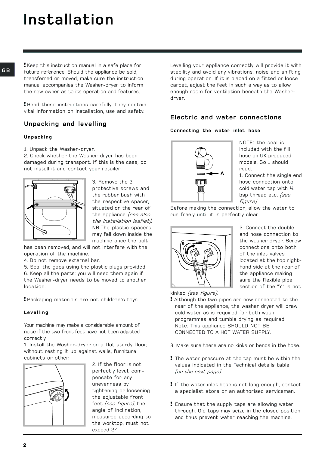 Hotpoint WDL 540 P/G/A/K manual Installation, Unpacking and levelling, Electric and water connections 