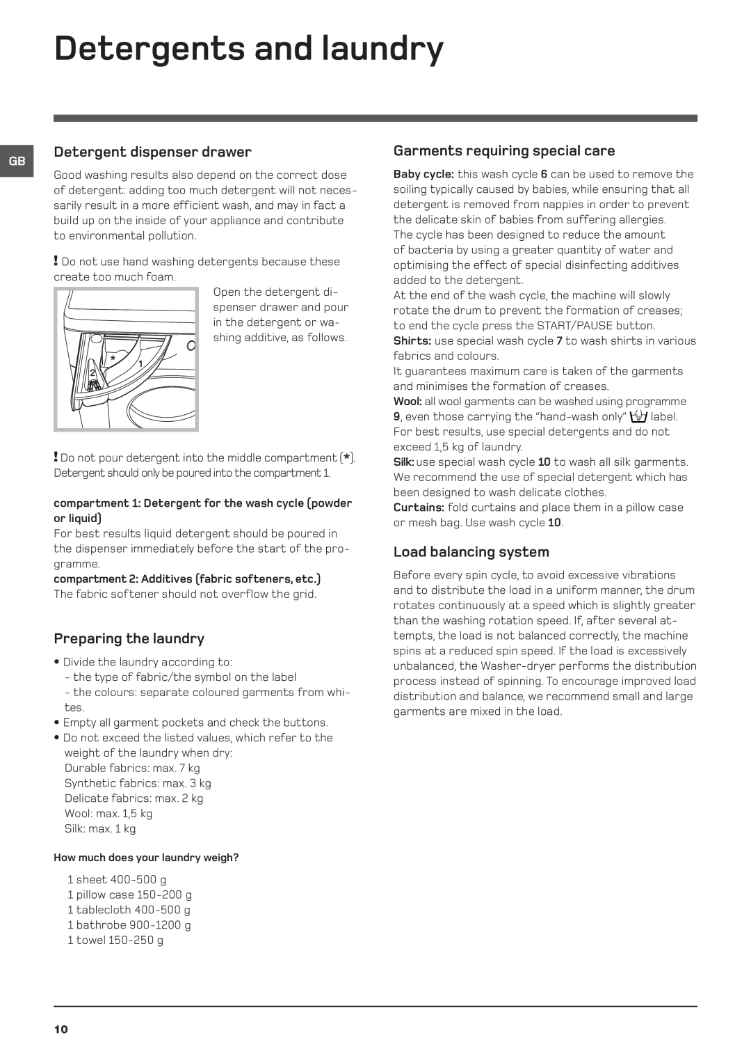 Hotpoint WDL 540 P/G/A/K manual Detergents and laundry, Detergent dispenser drawer, Garments requiring special care 