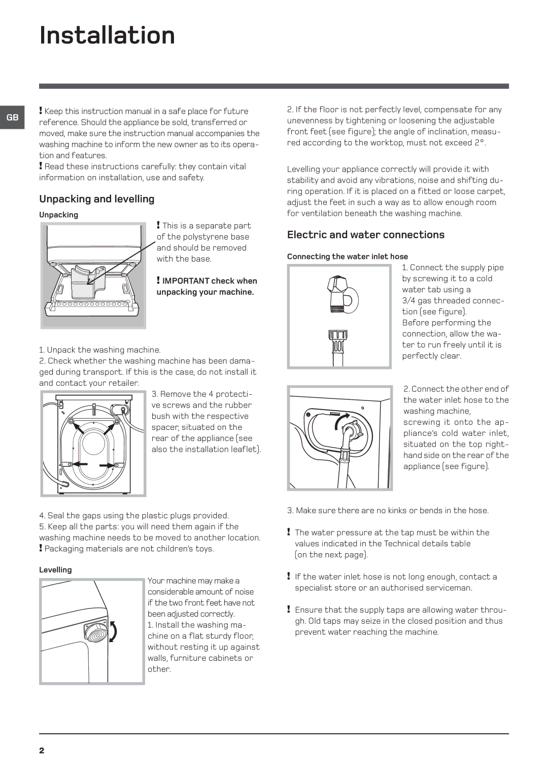 Hotpoint WDL 540 P/G/A/K manual Installation, Unpacking and levelling, Electric and water connections 