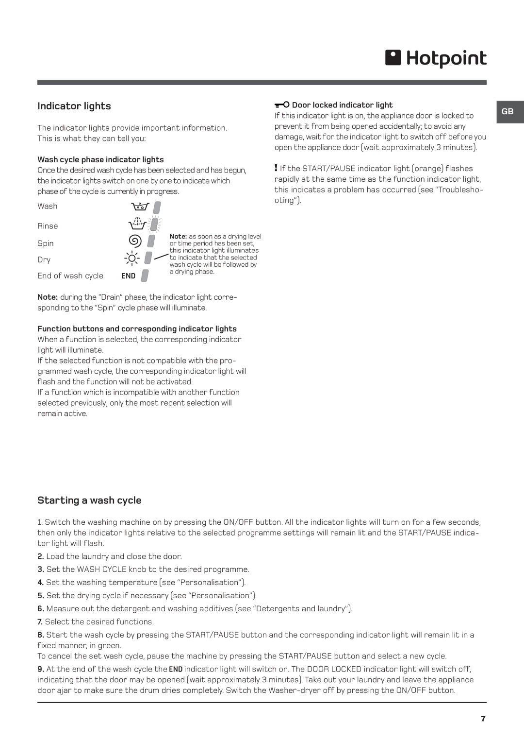 Hotpoint WDL 540 P/G/A/K manual Indicator lights, Starting a wash cycle, Wash cycle phase indicator lights 