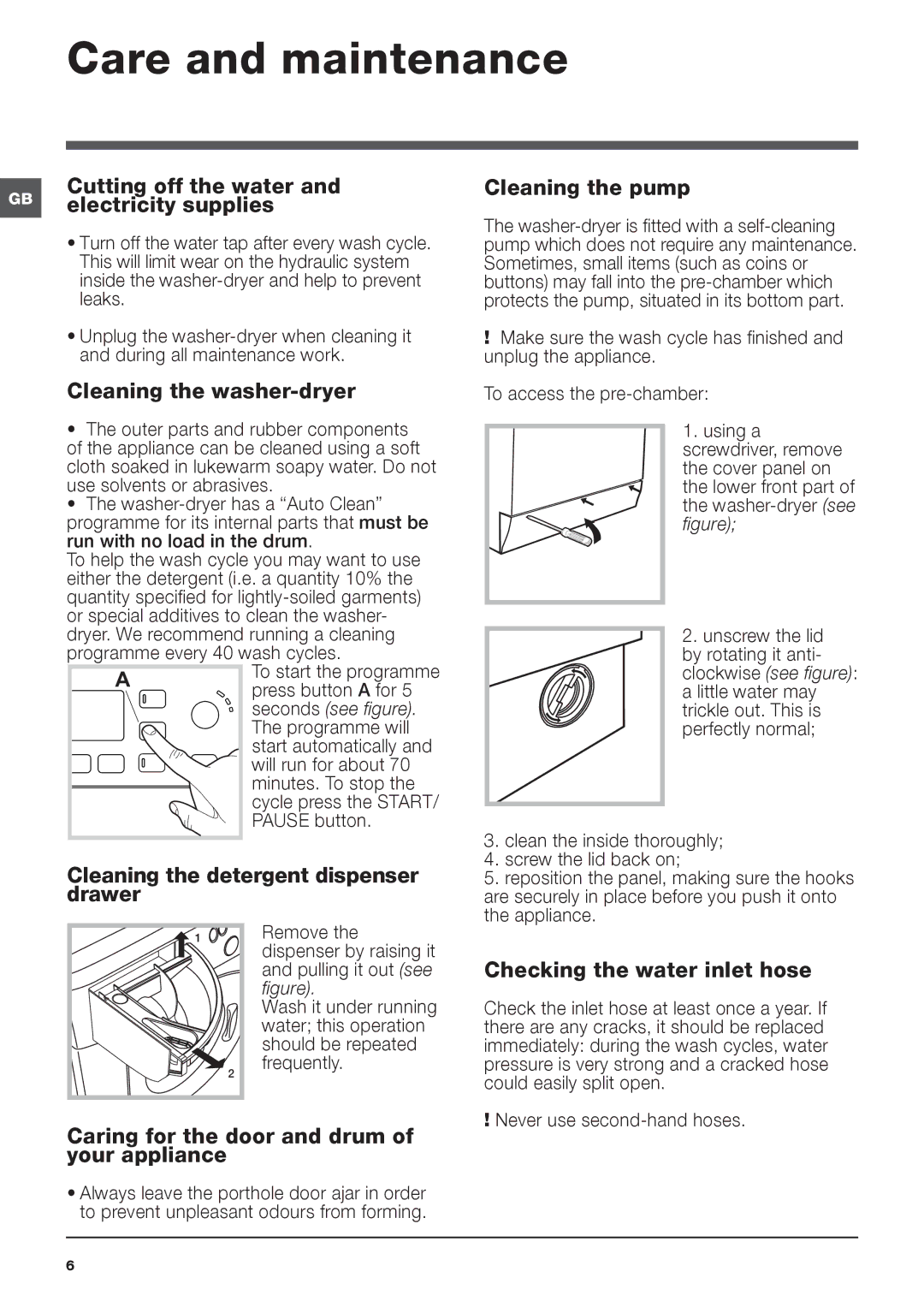 Hotpoint WDPG 8640 instruction manual Care and maintenance 