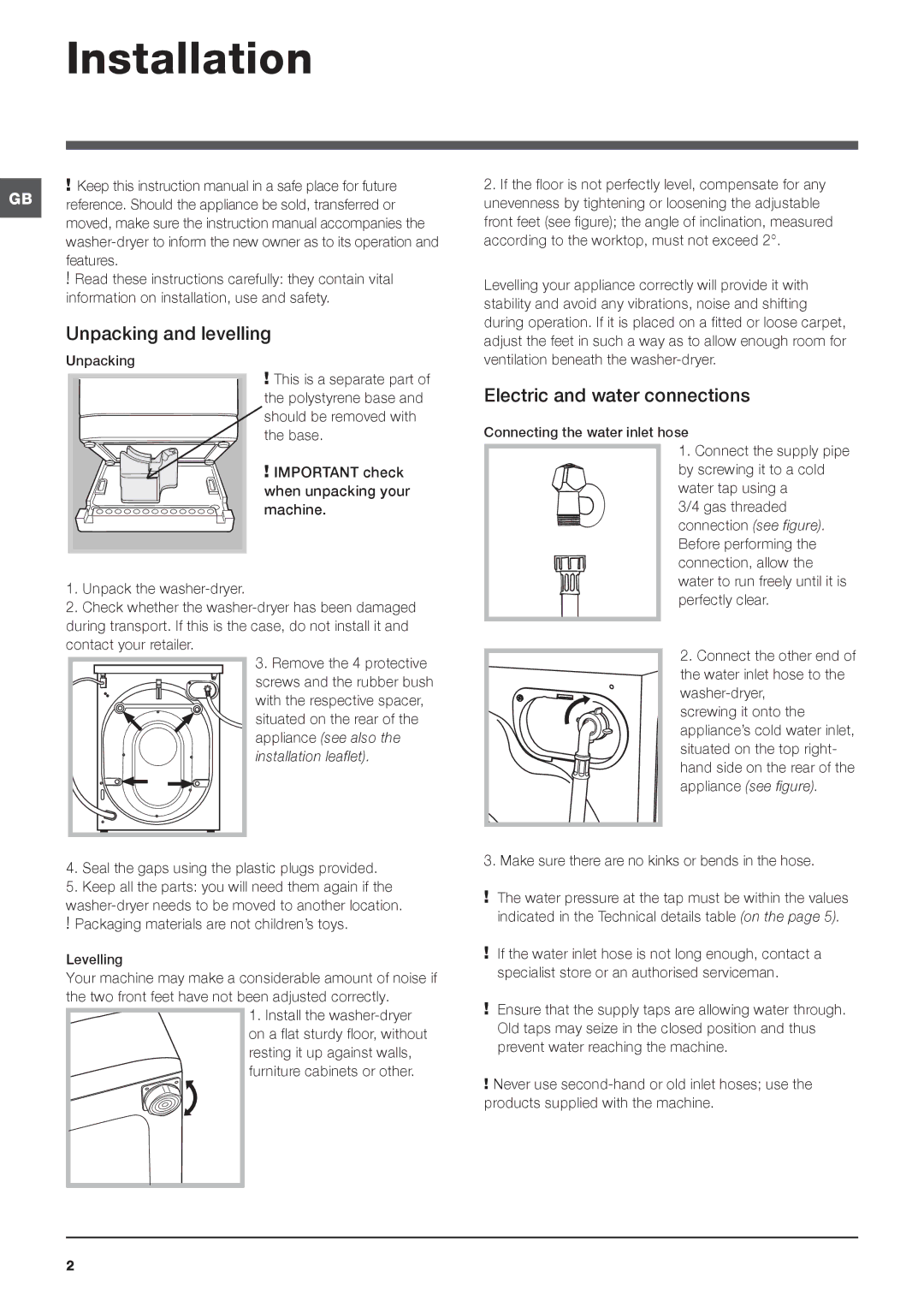 Hotpoint WDPG instruction manual Installation, Unpacking and levelling, Electric and water connections 